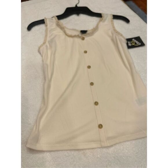 Large 10/12 beige tank top ruffled trimmed button front ribbed feel - Picture 1 of 9